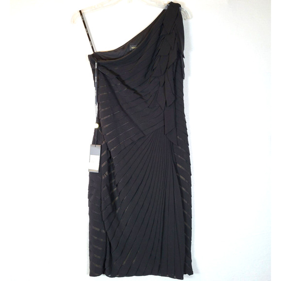 Tadashi Shoji Dresses & Skirts - Tadashi Shoji Womens Cocktail Midi Dress Size 4 Black One Shoulder Pleated